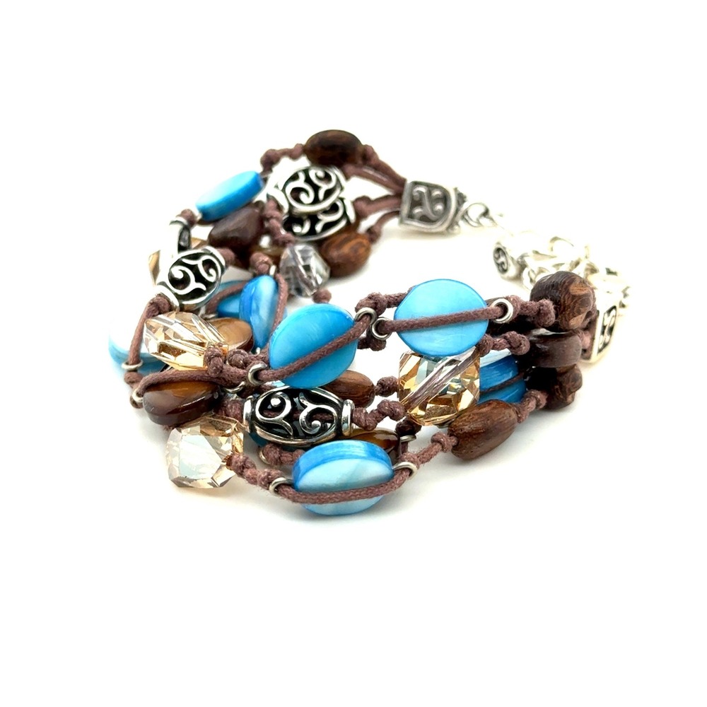 Brighton Multi Strand Beaded Bracelet Blue Shell Wood Crystal Silver Tone 7-8"